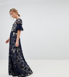 Кружевное платье макси с цветочной вышивкой и рукавами клеш Frock And Frill - Темно-синий