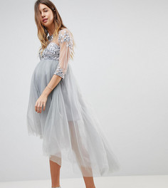 Приталенное платье миди с высоким воротом и кружевными рукавами Chi Chi London Maternity - Серый
