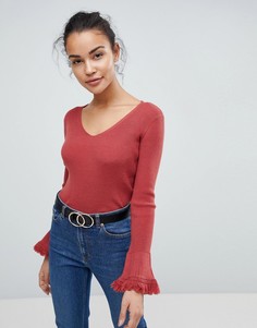 Джемпер с V-образным вырезом и бахромой на рукавах клеш Fashion Union - Бежевый