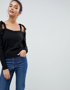 Трикотажный джемпер с открытыми плечами и завязками на рукавах Fashion Union - Черный