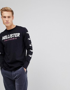 Черный лонгслив с принтом логотипа на рукавах Hollister - Черный
