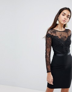 Облегающее платье с кружевными рукавами и бархатной отделкой Lipsy - Черный