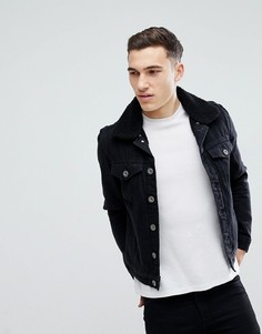 Черная выбеленная джинсовая куртка с подкладкой из искусственного меха River Island - Черный