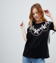 Футболка с вышивкой на кокетке и бахромой ASOS PETITE - Черный