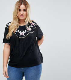 Футболка с вышивкой на кокетке и бахромой ASOS CURVE - Черный
