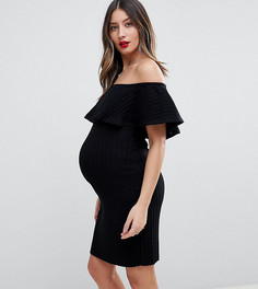 Платье в крупный рубчик с открытыми плечами и оборкой ASOS MATERNITY - Черный