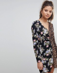 Платье мини с глубоким вырезом, цветочным и леопардовым принтом Missguided - Черный