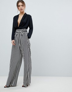Полосатые брюки с широкими штанинами и завязкой на поясе Boohoo - Черный
