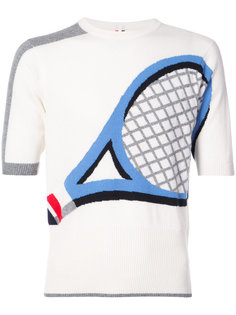 Crewneck Tee Shirt With Tennis Racket Intarsia In Cashmere Thom Browne