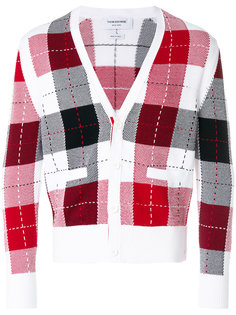 Classic V-neck Cardigan With Large Plaid Intarsia In Cotton Crepe Thom Browne