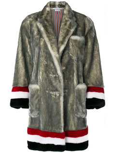 Single Breasted Sack Overcoat With Intarsia Red, White And Blue Stripe In Dyed Long Hair Mink Fur Thom Browne