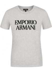 Хлопковая футболка с логотипом бренда и пайетками Emporio Armani