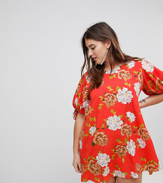 Платье с цветочным принтом и завязками на рукавах AX Paris Plus - Мульти