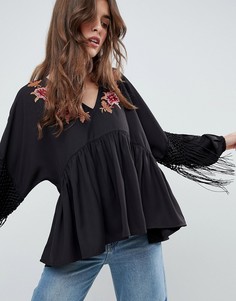 Свободный топ с вышивкой и бахромой ASOS - Черный