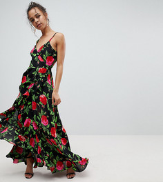 Платье макси с запахом, оборкой и цветочным принтом ASOS PETITE - Мульти