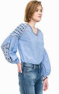 Синяя льняная блуза с вышивкой Replay
