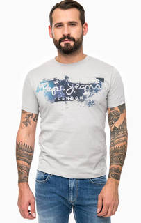 Серая хлопковая футболка с принтом Pepe Jeans
