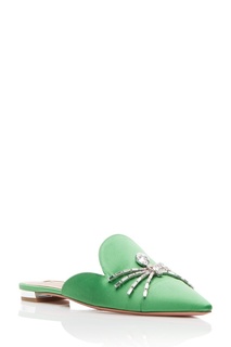 Зеленые сатиновые слиперы Crystal Spider Flat Aquazzura