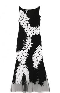 Приталенное платье с прозрачной вставкой и кружевной отделкой Oscar de la Renta
