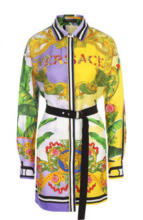 Шелковая удлиненная блуза с принтом и поясом Versace