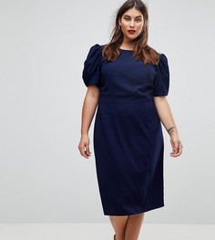 Платье-футляр миди с пышными рукавами ASOS CURVE - Темно-синий