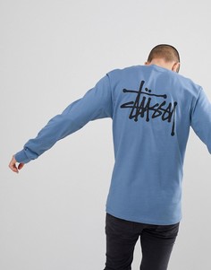 Синий лонгслив с принтом логотипа на спине Stussy - Синий