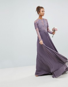 Плиссированное кружевное платье макси с длинными рукавами ASOS - Фиолетовый