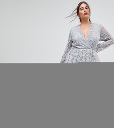 Кружевное платье миди для выпускного с длинными рукавами ASOS CURVE - Серый