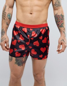 Боксеры из шелковистой ткани с принтом сердец ASOS Valentines - Черный