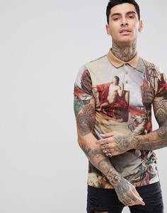 Футболка-поло со сплошным принтом ASOS DESIGN - Коричневый