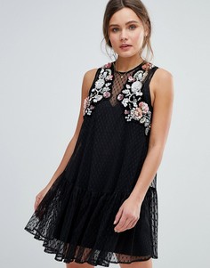 Свободное платье мини из сетчатой ткани добби с цветочной отделкой ASOS - Черный