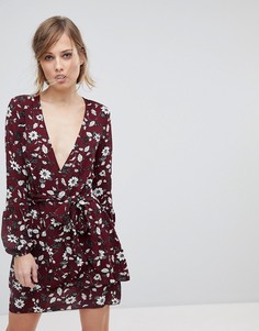 Платье с цветочным принтом, запахом и поясом Parisian - Красный