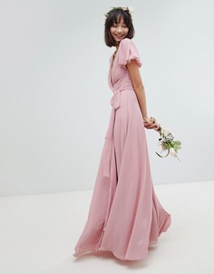Платье макси с запахом, поясом на завязке и пышными рукавами TFNC - Розовый