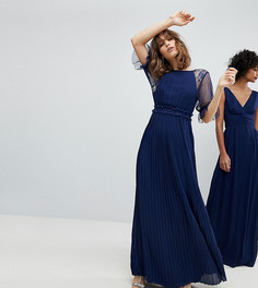 Сетчатое плиссированное платье макси с оборкой в горошек TFNC WEDDING - Темно-синий