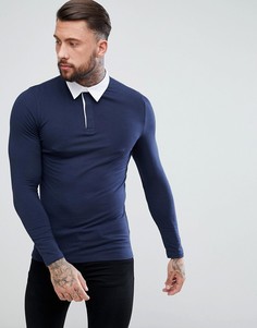 Темно-синяя облегающая футболка-поло с длинными рукавами ASOS - Темно-синий