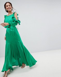 Платье макси с вырезами и оборками на плечах ASOS - Зеленый