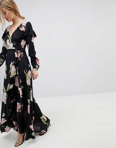 Платье макси с запахом, оборками и цветочным принтом ASOS - Мульти