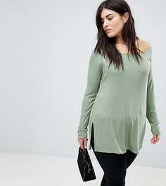 Свободный длинный топ в рубчик с открытыми плечами ASOS CURVE - Зеленый