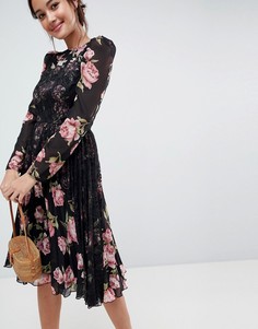 Платье миди с цветочным принтом и длинными рукавами ASOS - Мульти