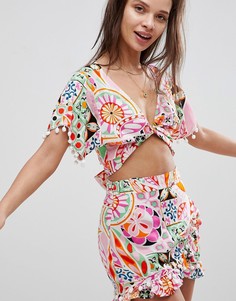 Пляжный топ в стиле ретро с завязкой, принтом и помпонами ASOS - Мульти