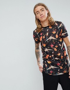 Супердлинная футболка из ткани под лен с принтом птиц ASOS - Черный