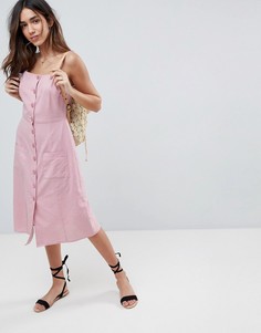 Платье миди на пуговицах с добавлением льна ASOS - Розовый