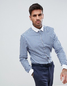 Эластичная приталенная рубашка с контрастным воротником и двойными манжетами ASOS - Синий