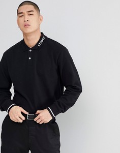 Футболка-поло из плотного пике с длинными рукавами и логотипом на воротнике Stussy - Черный