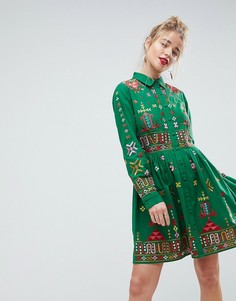 Короткое приталенное платье-рубашка с вышитым ацтекским узором ASOS PREMIUM - Зеленый
