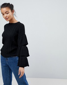 Джемпер вязки косами с оборками на рукавах Fashion Union - Черный