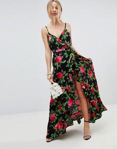 Платье макси с запахом, оборкой и цветочным принтом ASOS - Мульти