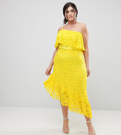 Кружевное асимметричное платье миди на одно плечо с поясом ASOS CURVE - Желтый