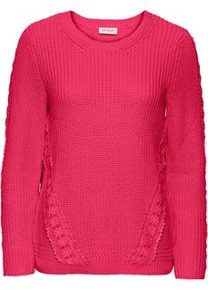 Пуловер с длинным рукавом и кружевной вставкой (ярко-розовый гибискус) Bonprix
