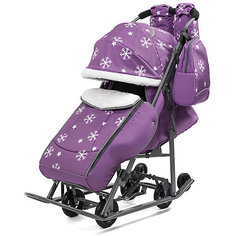 Санки-коляска ABC Academy Pikate Снежинки на тёмно-серой раме, фиолетовый